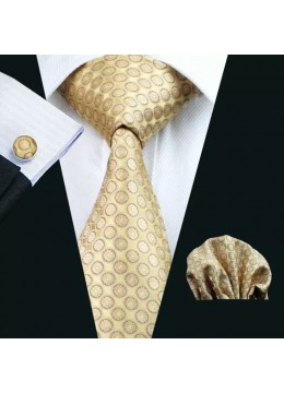 Вратовръзка за бизнес и офис комплект с кърпичка и ръкавели в златно