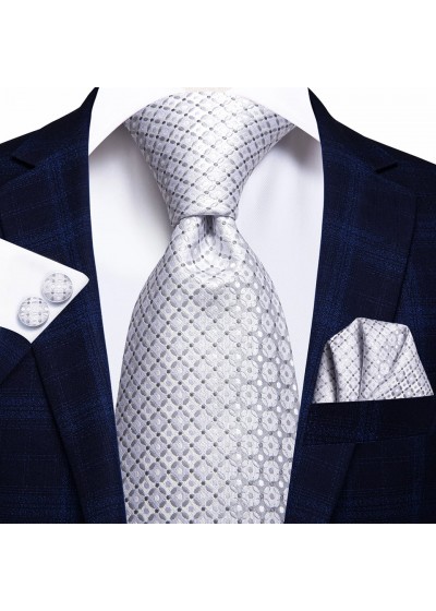 Стилна вратовръзка за офис и бизнес комплект с кърпичка и ръкавели в бяло и сребристо