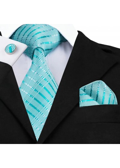 Стилен комплект вратовръзка кърпичка и ръкавели в цвят тюркоаз (Тифани)