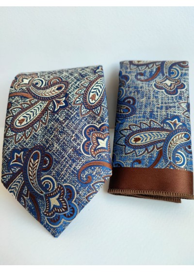 Луксозна официална копринена вратовръзка за сватба и бал в кафяво и синьо с кърпичка за джоб