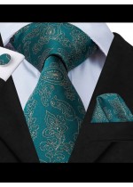 Комплект мъжка вратовръзка кърпичка и ръкавели в цвят тъмен тюркоаз със златисти мотиви РМЧ21085