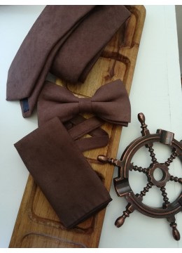 Вратовръзка за бал в шоколадово кафяво, кърпичка за сако и папийонка от велур