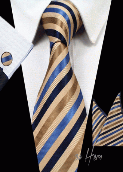 Луксозна мъжка вратовръзка комплект с ръкавели и кърпичка в небесно и тъмно синьо и бежово
