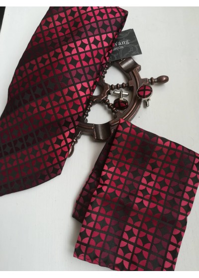 Мъжки комплект копринена вратовръзка ръкавели и кърпичка за джоб в червено и бордо