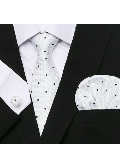 Стилна вратовръзка, кърпичка и ръкавели за летния сезон в бяло на черни точки