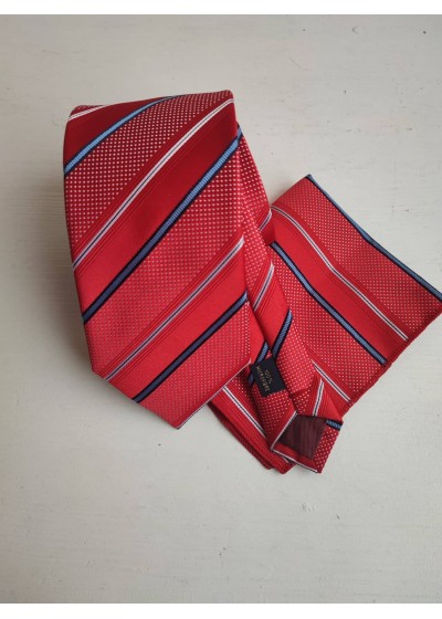 Класически мъжки комплект вратовръзка и кърпичка за джоб в червено с акценти в бяло и синьо