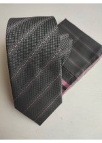 Стилен мъжки комплект вратовръзка и кърпичка за джоб в Сиво и розово